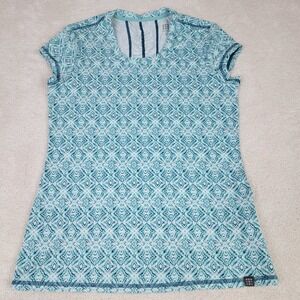 Title Nine Women's M Teal White Geometric Print Zipper Pocket Short Sleeve Top